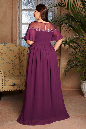Robe longue mère de la mariée en mousseline de soie de raisin col bateau